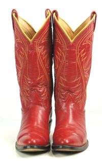 Tony Lama Red Cowboy Boots Yellow Piping Vintage Black Label US Made Women