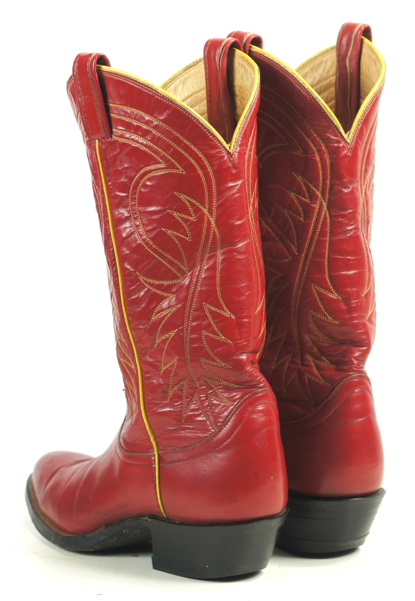 Tony Lama Red Cowboy Boots Yellow Piping Vintage Black Label US Made Women