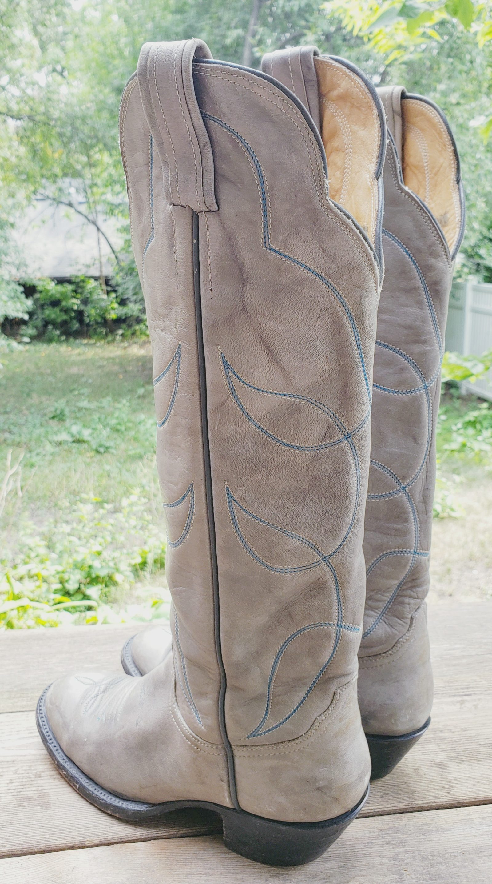 Vintage Hondo Pale Gray Leather Knee High Cowboy Boots Blue Stitch Women