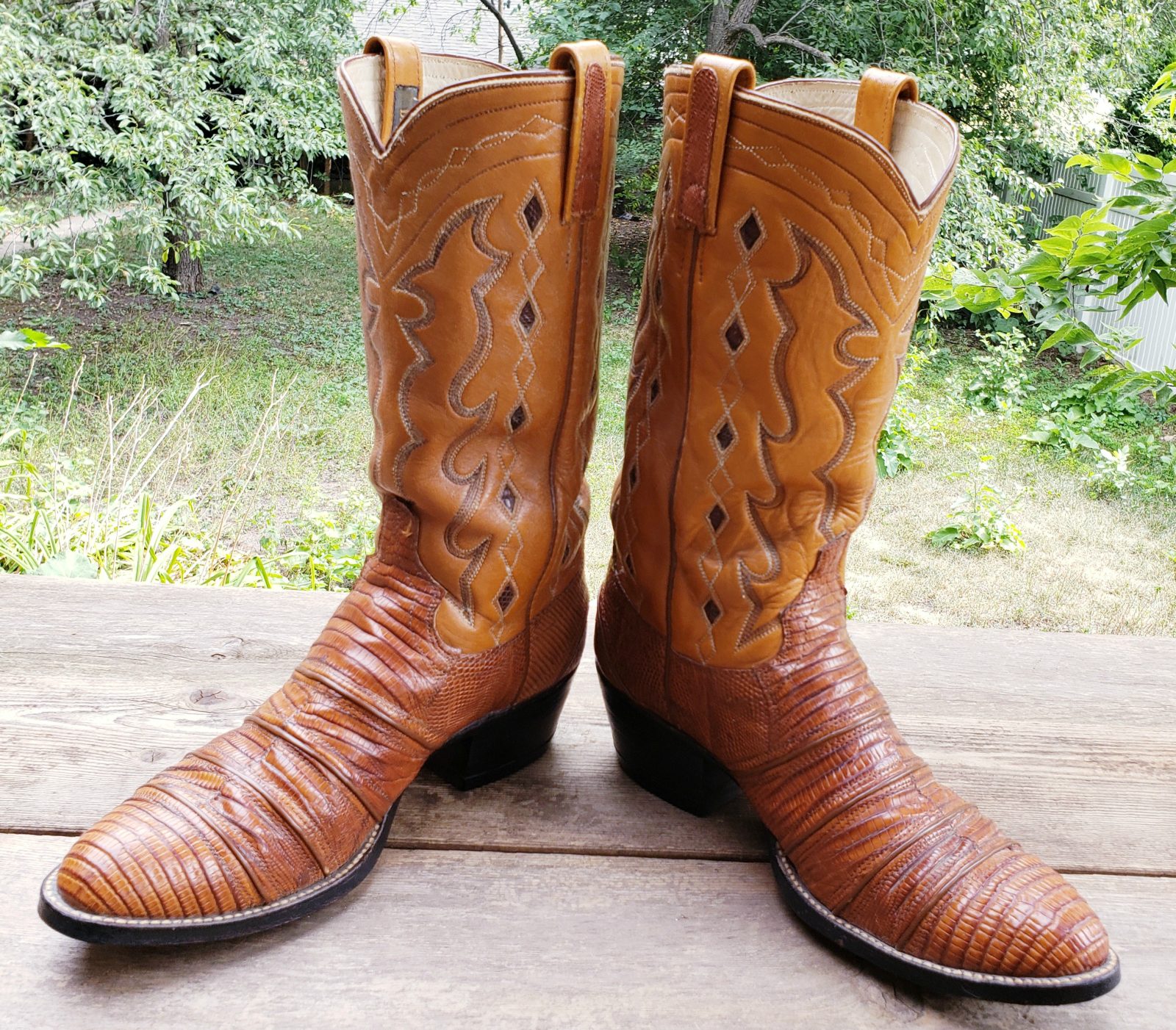 Dan Post Lizard Cowboy Western Boots Inlay Diamonds Vintage 1979 US Made Men (6)