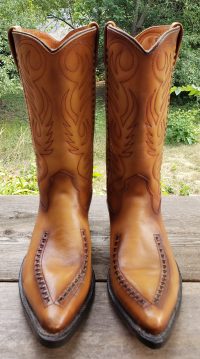 Double-H Cowboy Western Boots Vintage US Made Patina Saddle Stitch Men