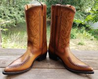 Double-H Cowboy Western Boots Vintage US Made Patina Saddle Stitch Men