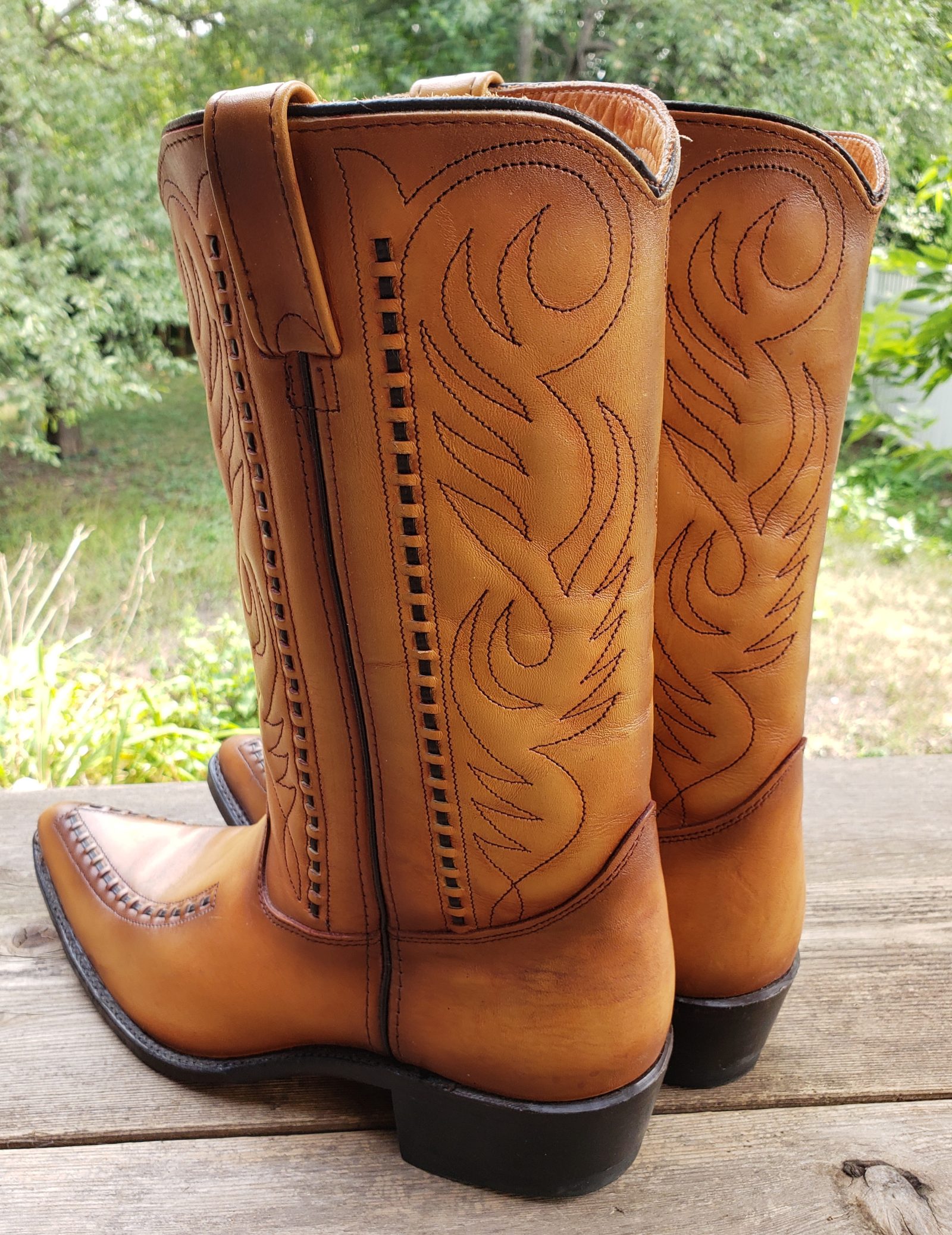 Double-H Cowboy Western Boots Vintage US Made Patina Saddle Stitch Men
