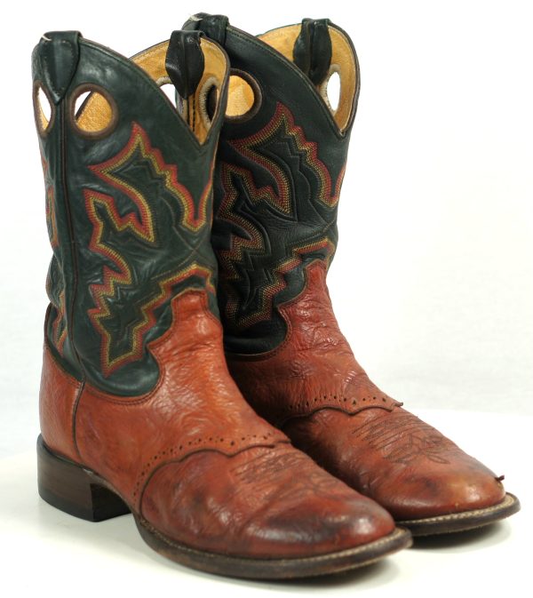 Justin Brown Green Cowboy Roper Boots 10-Row Stitch Vintage US Made Men