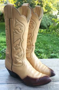 Laramie Cream Leather Scallop Top Cowboy Boots Lizard Toes Vintage Women