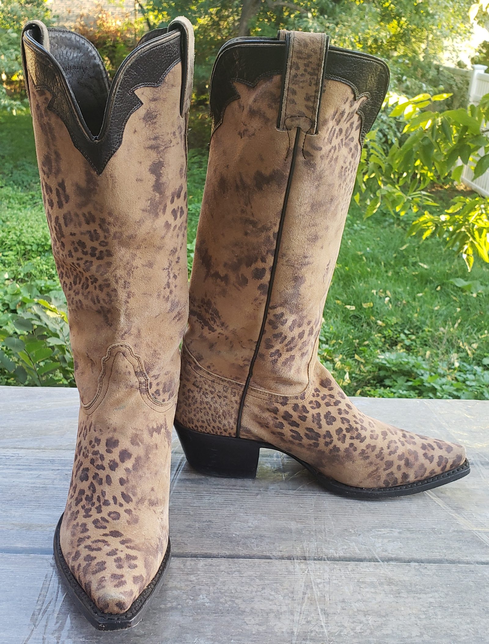 Nocona Brown Velvety Soft Suede Leopard Western Cowboy Boots Boho Women