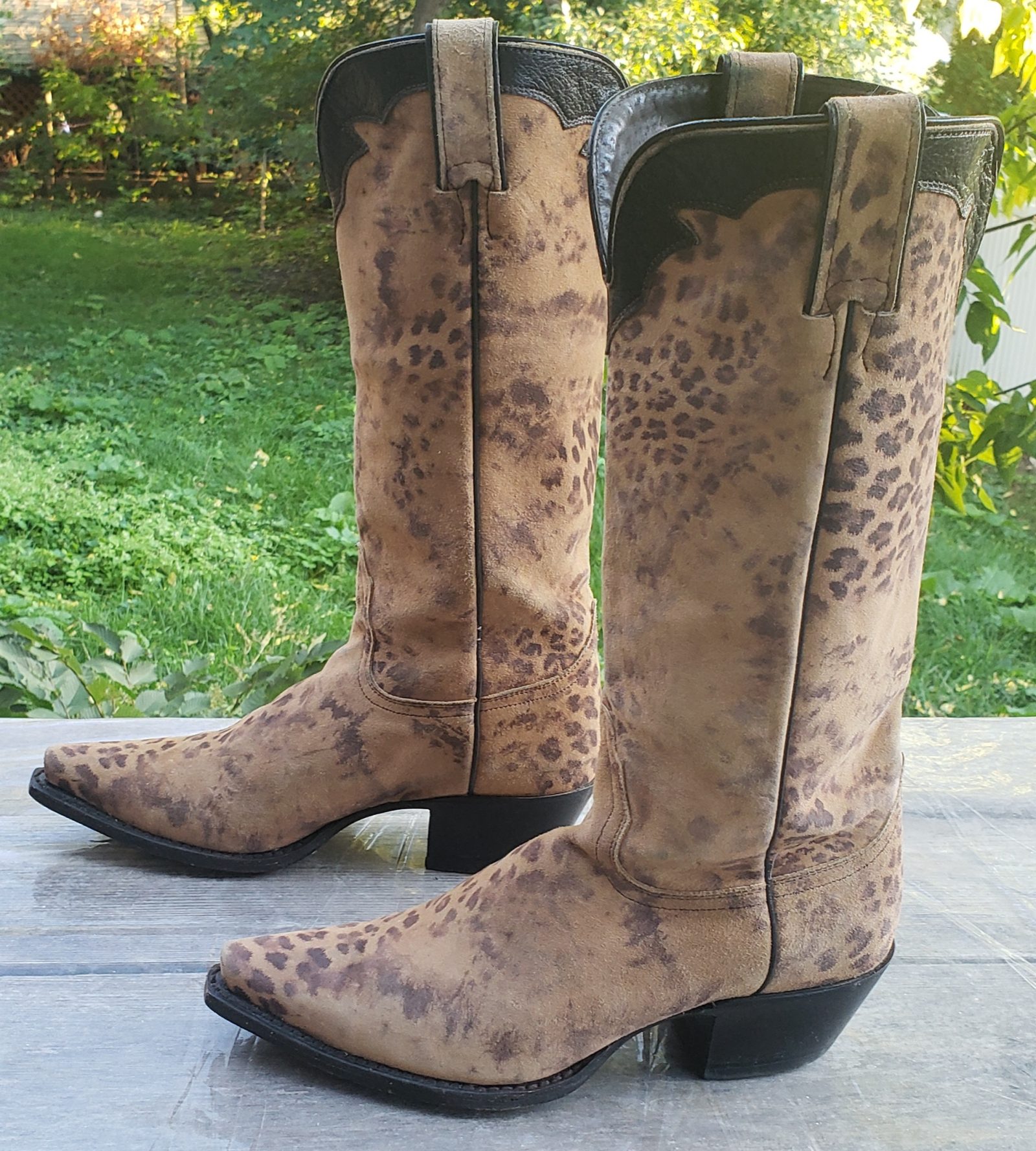 Nocona Brown Velvety Soft Suede Leopard Western Cowboy Boots Boho Women