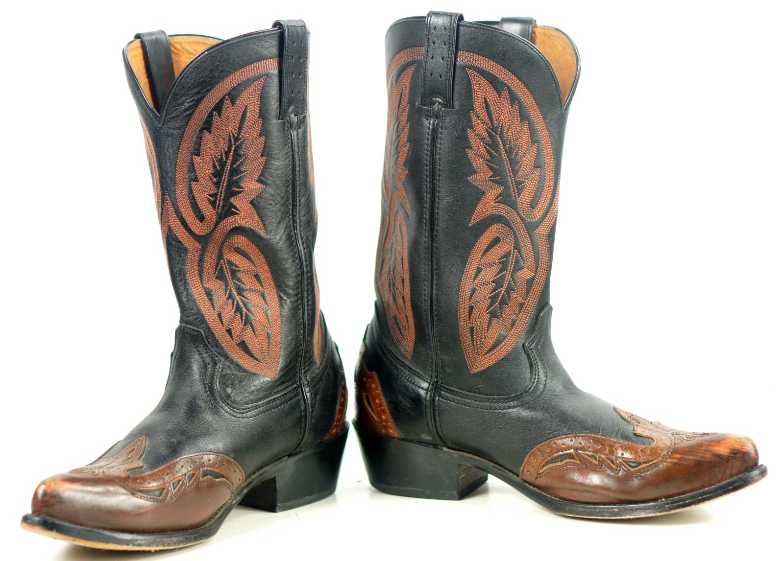 Roadwolf Black Brown Leather Western Cowboy Wingtip Boots 10-Row Stitch Mens (3)