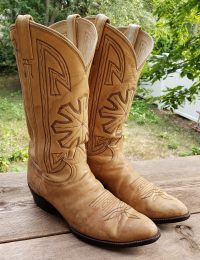 Tony Lama Cream Leather Cowboy Boots Starburst Vintage Black Lbl USA Made Men (12)