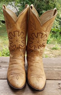 Tony Lama Cream Leather Cowboy Boots Starburst Vintage Black Lbl USA Made Men (13)