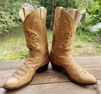 Tony Lama Cream Leather Cowboy Boots Starburst Vintage Black Lbl USA Made Men (6)