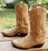 Tony Lama Cream Leather Cowboy Boots Starburst Vintage Black Lbl USA Made Men (7)