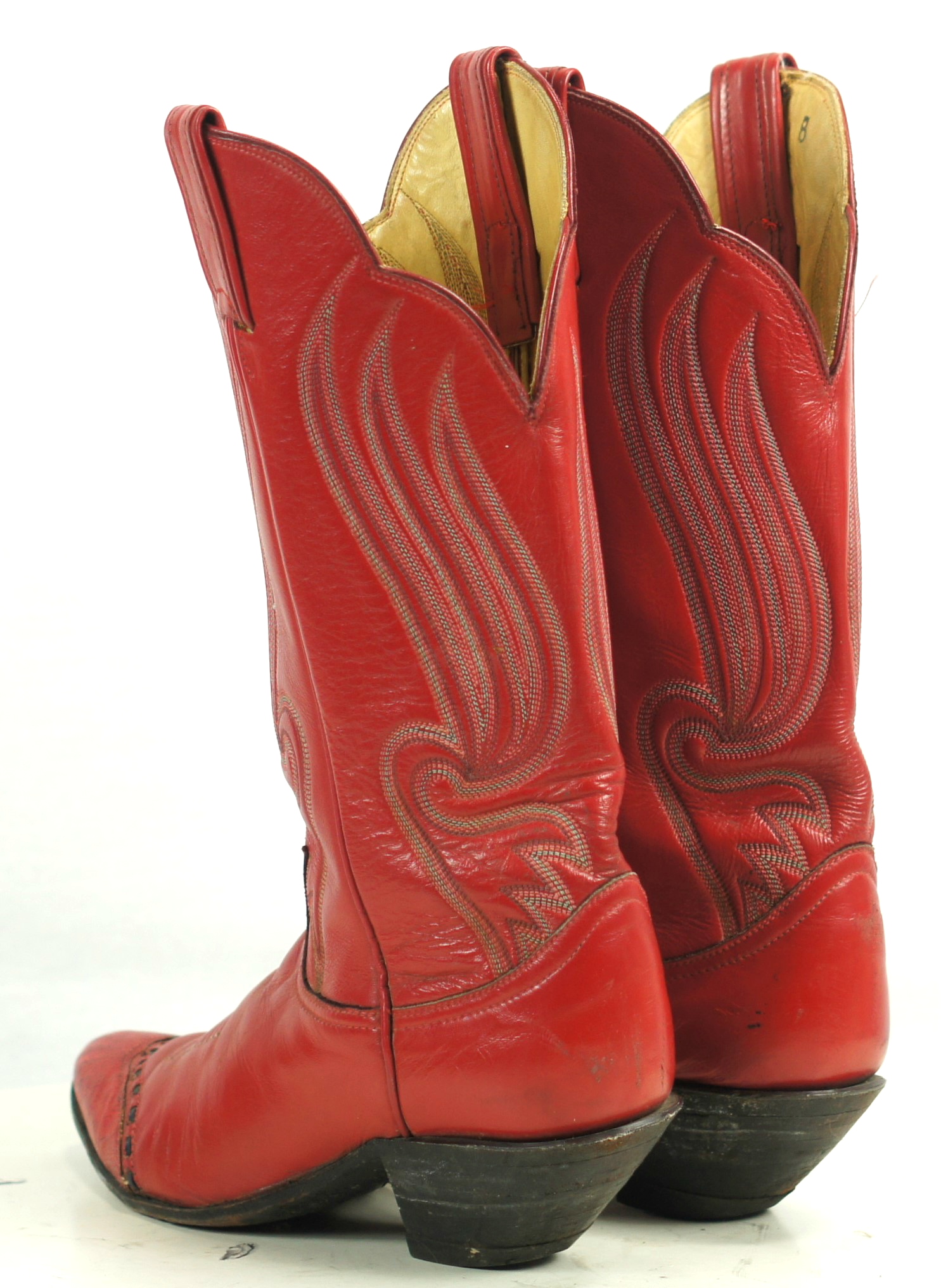 Tony Lama Red Cowboy Boots 8 Row Stitch Vintage Black Label US Made Women