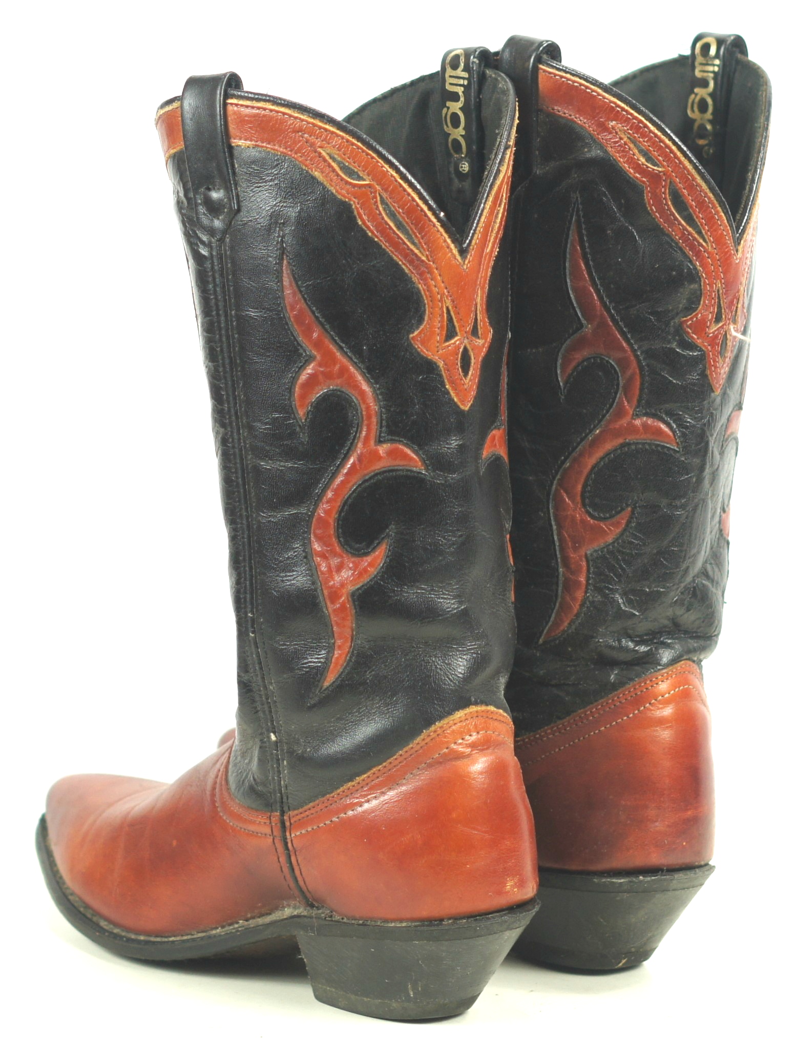 Dingo Black Brown Leather Inlay Collar Cowboy Boots Vintage US Made Women